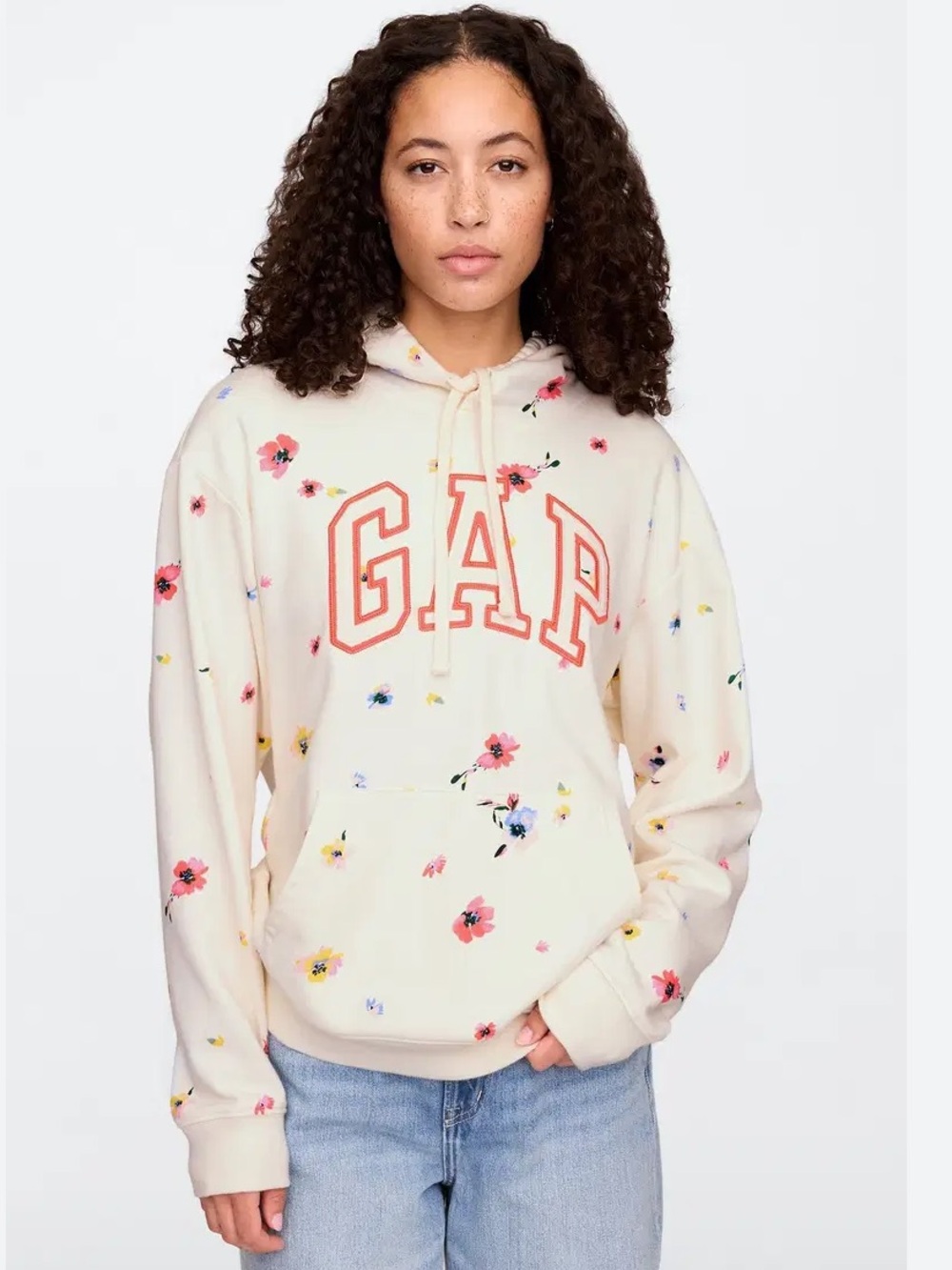 Gap hoodie featuring red logo and colorful floral print, cream colored, size XXL